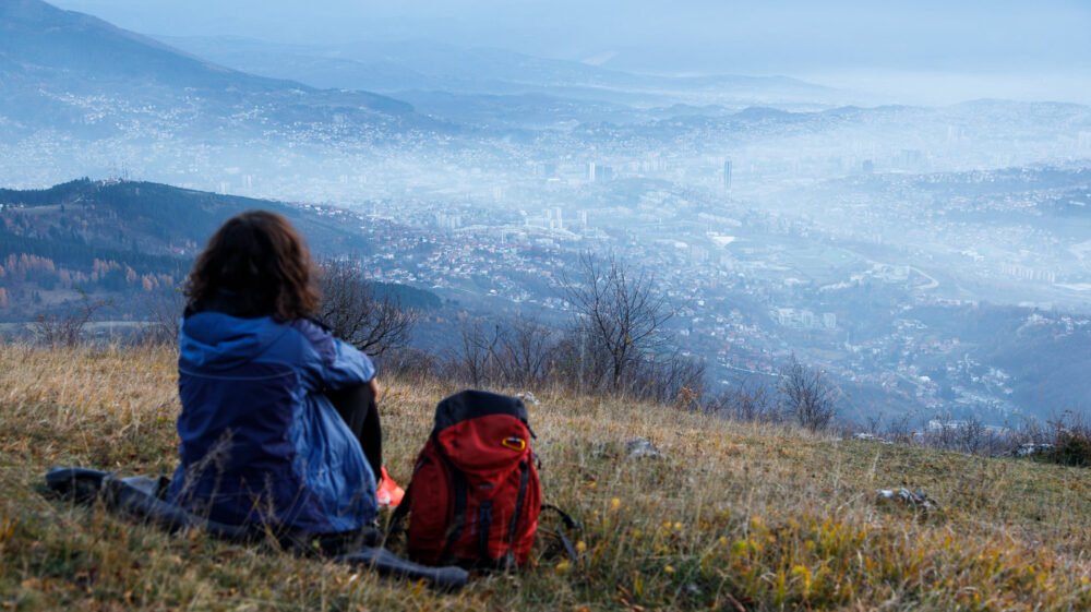 Air pollution in hills overlooking Sarajevo, Bosnia and Herzegovina
