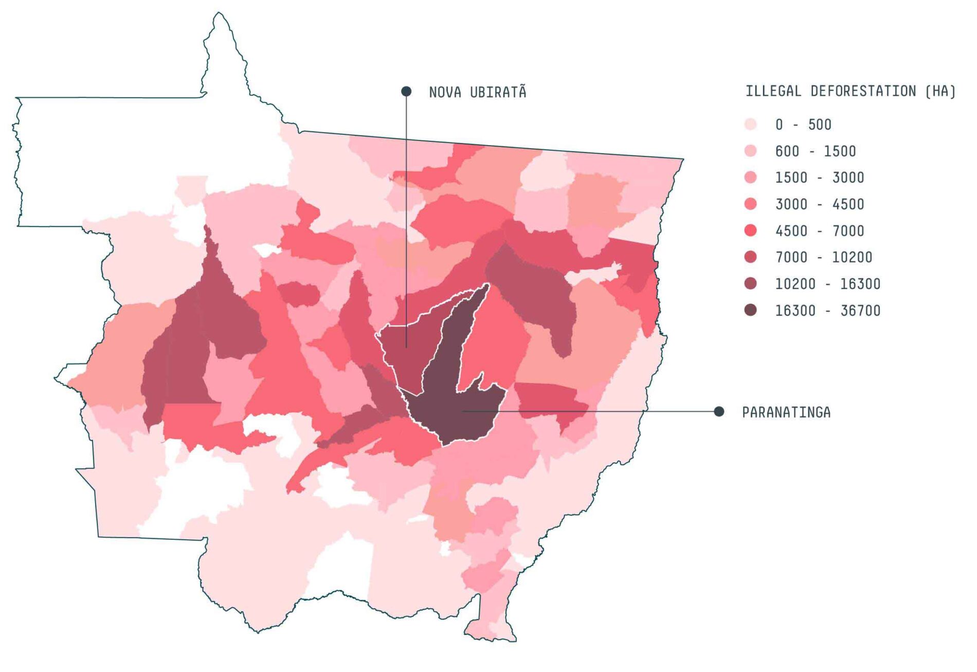 Illegal deforestation in hectares in Nova Ubiratã and Paranatinga, Mato Grosso State, Brazil