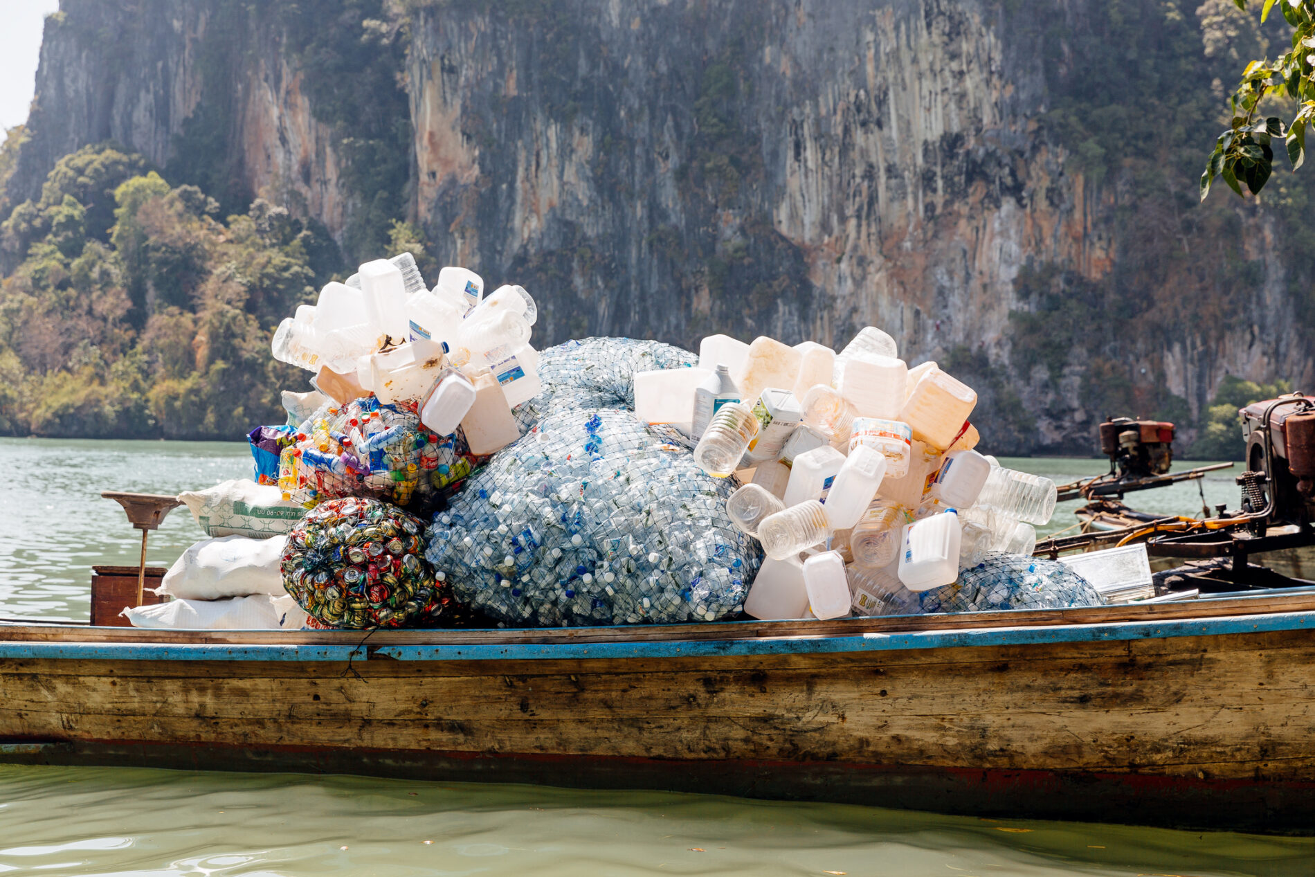 Plastic bottles collected for recycling in Thailand.
