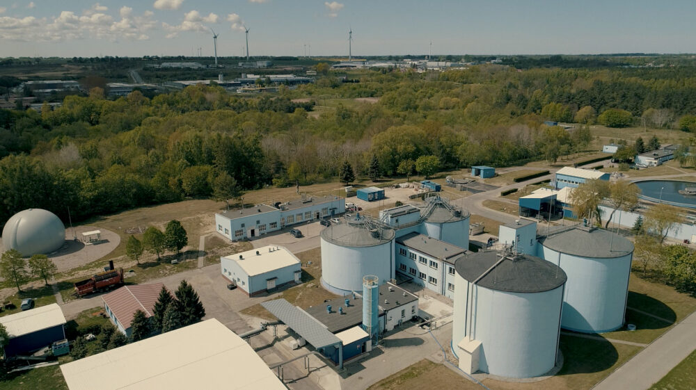 Aerial view of the Słupsk Waterworks wastewater treatment plant in Poland
