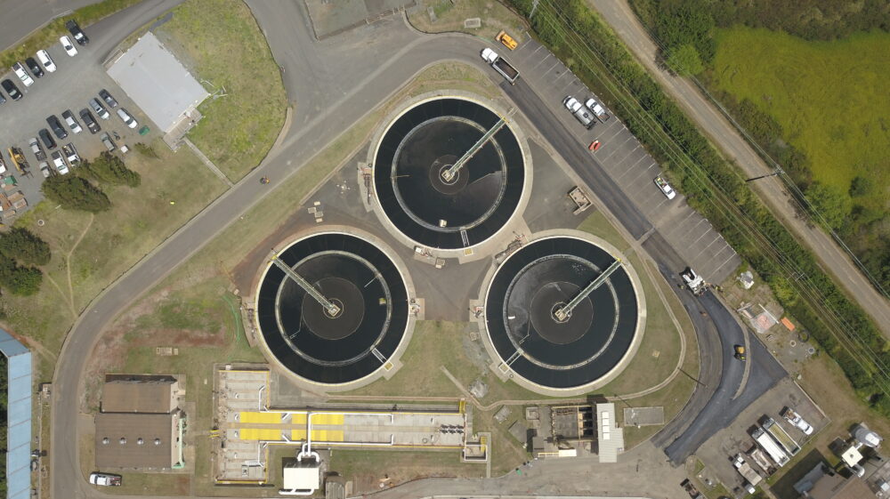 Sewage clarifiers at a wastewater treatment facility