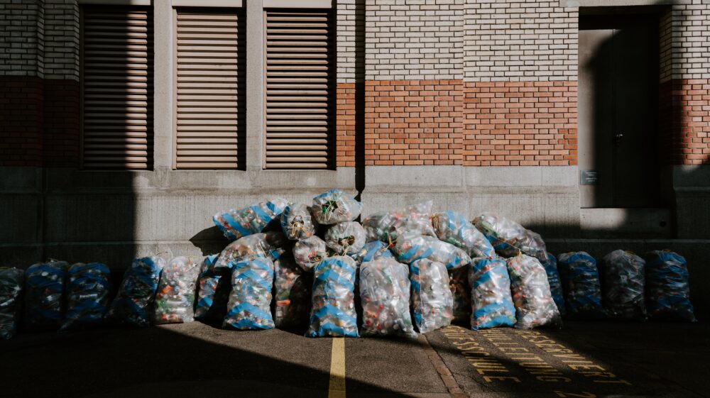 Transparent bags of waste bottles, Switzerland