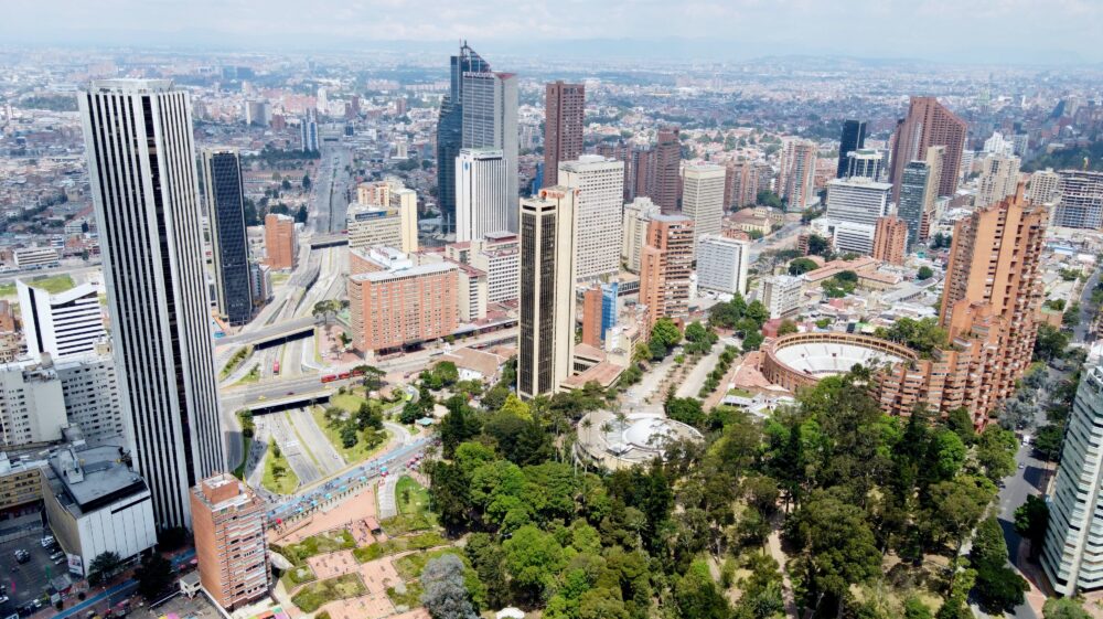 Aerial view of downtown Bogotá (Centro), Colombia from above Calle 26