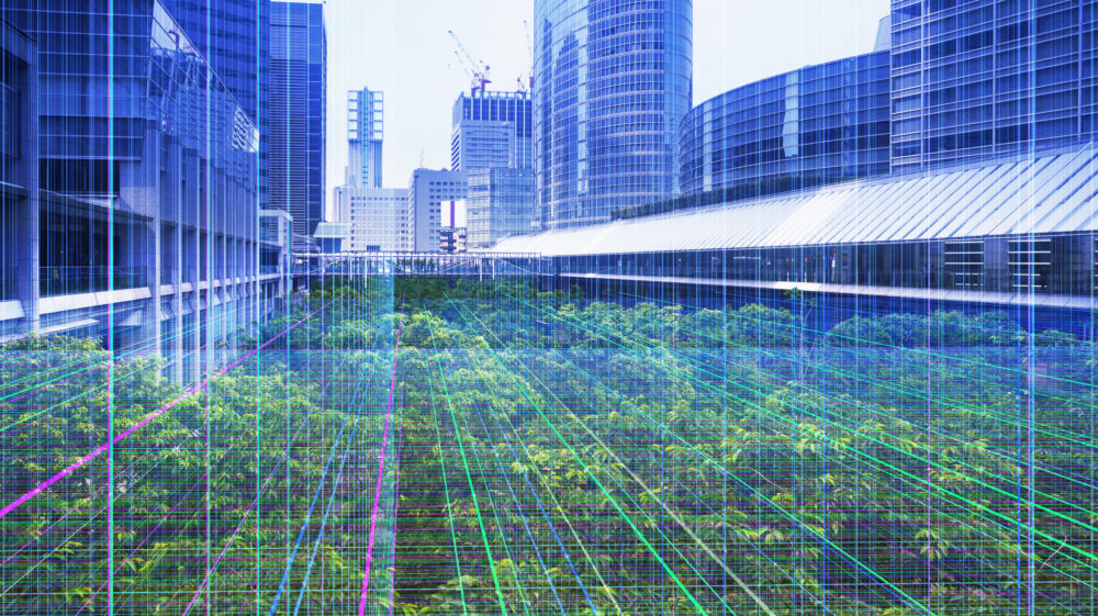 Network between modern buildings