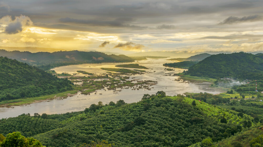 Aerial view of Mekong River and forest, Thailand