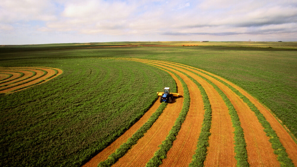 Aerial view of harvesting alfalfa crop, Dodge City, Kansas, US