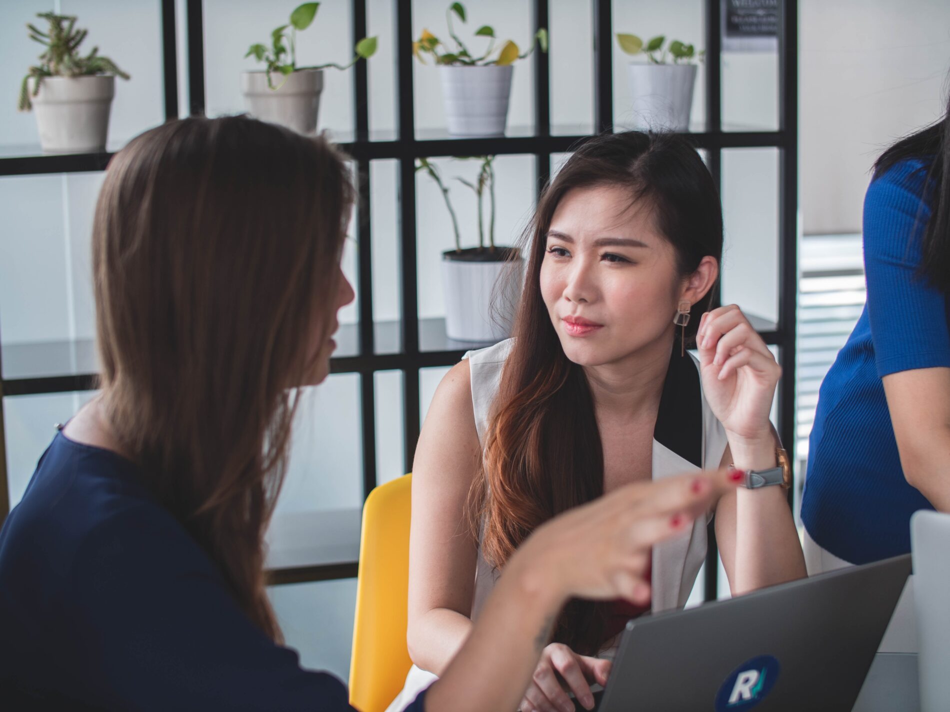 A Caucasian woman (left) chatting with an Asian woman (right) over a laptop with a bookcase of plants behind them