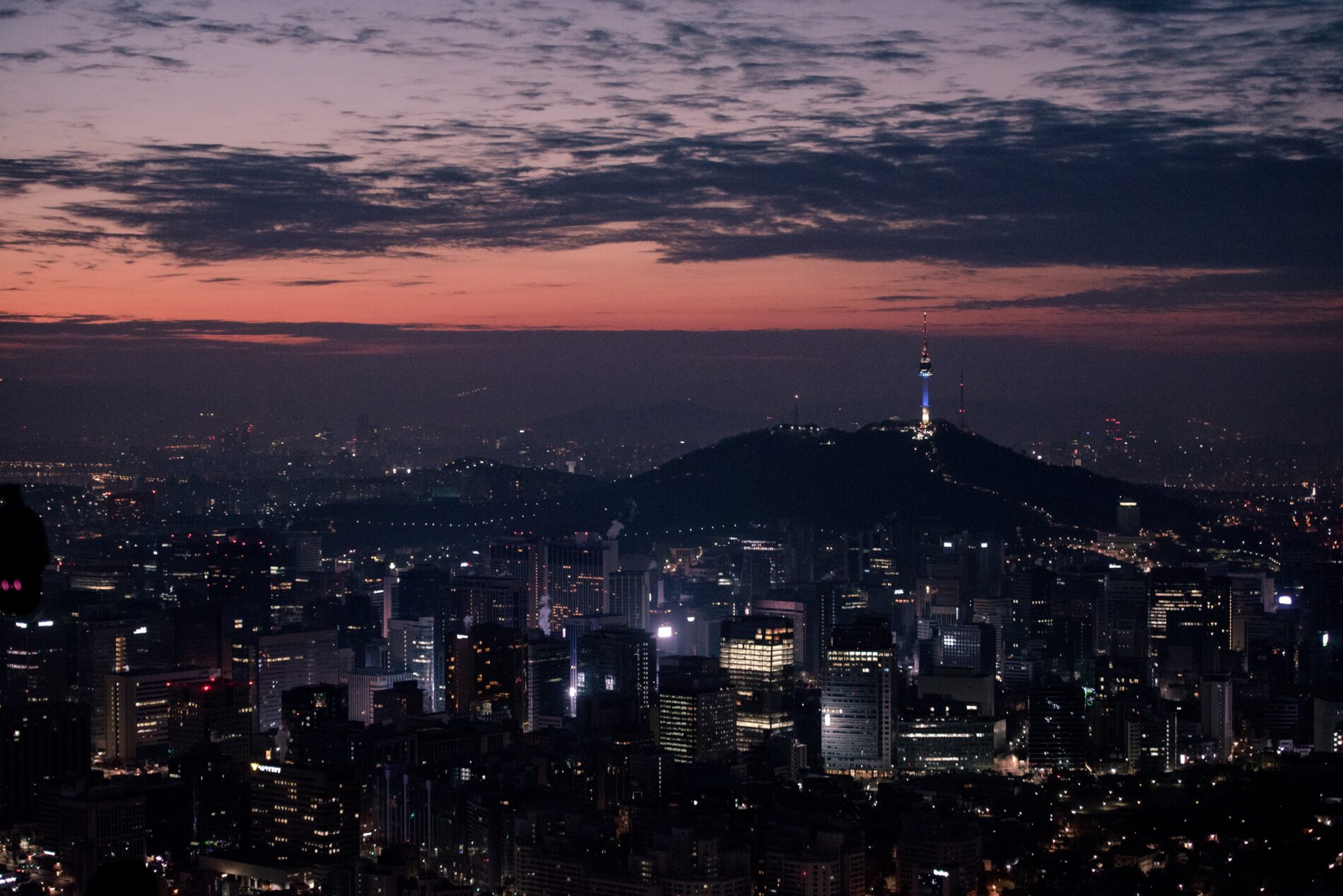 Lighted city skyline at night, Seoul, Republic of Korea