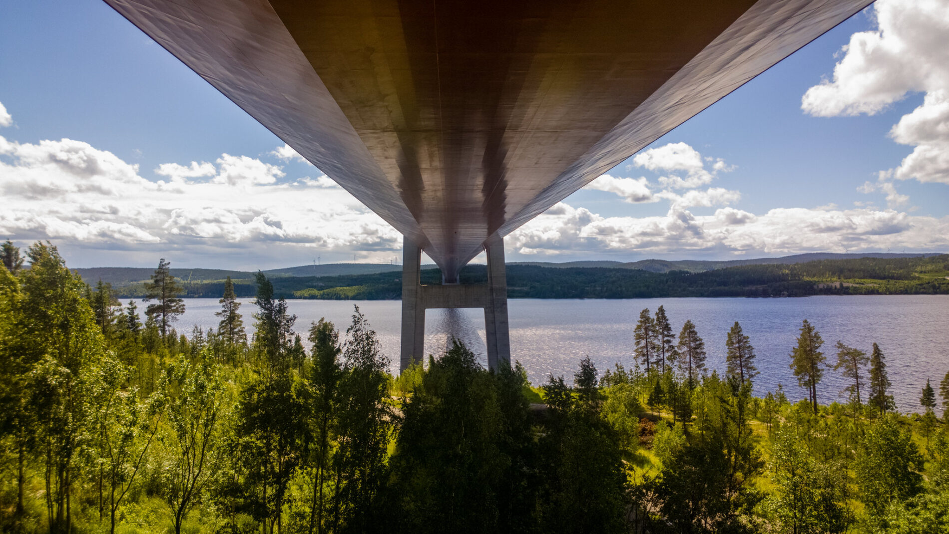 View of the High Coast Bridge from below, with trees in the foreground, a lake, and blue sky on the horizon.