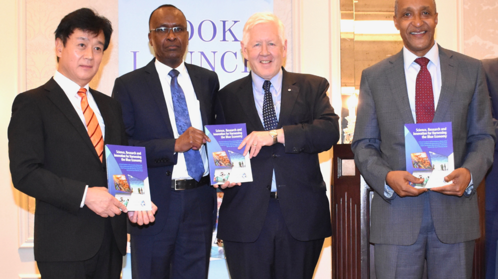 Government representatives at the Research and Innovation for Harnessing the Blue Economy book launch at the Intercontinental Hotel in New York