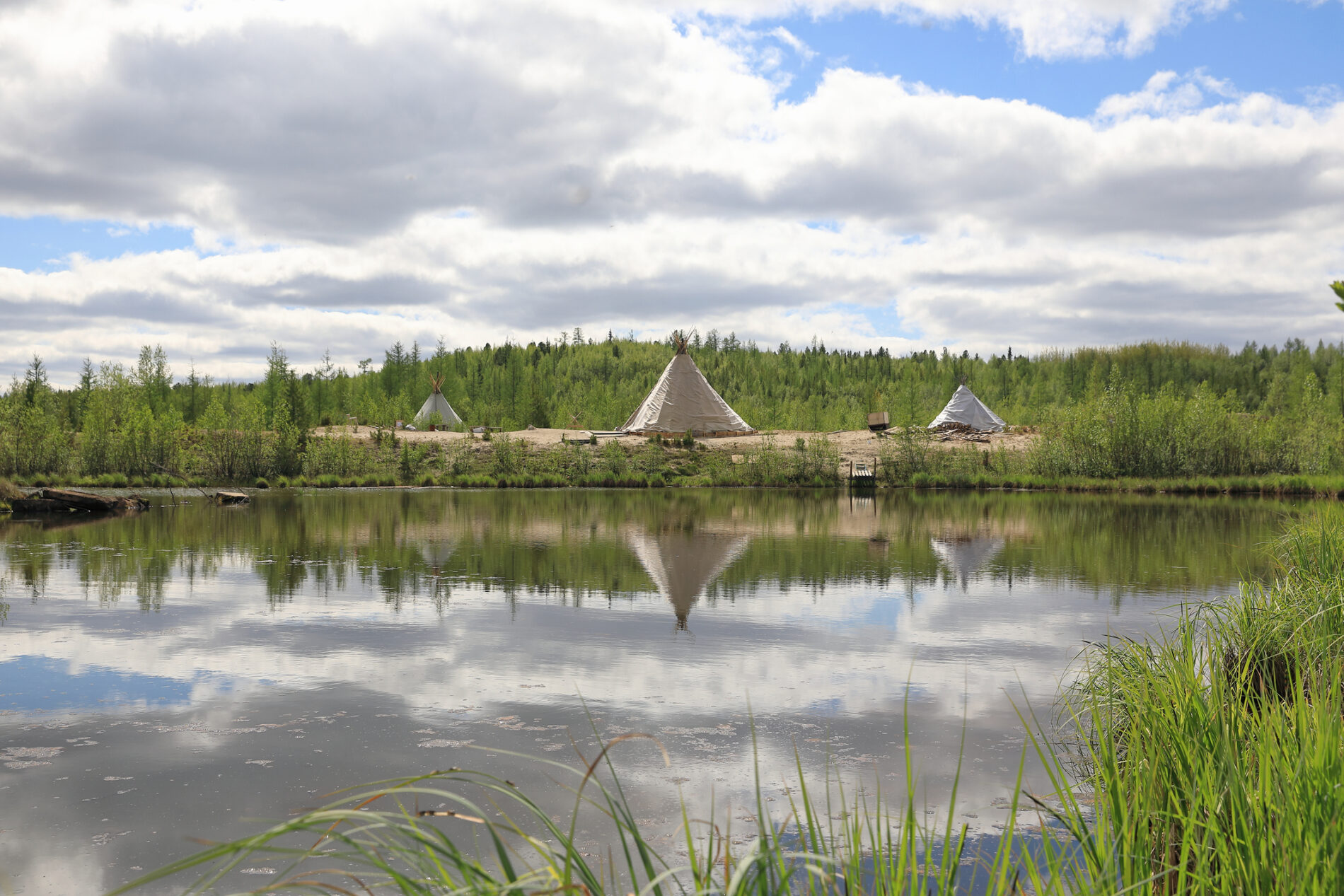 Summer landscape with reflection of Nenets dwelling in water, northern Siberia, Russia