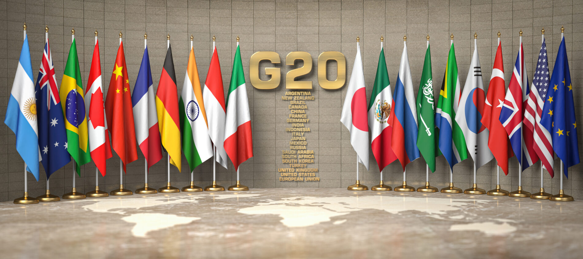 Row of flags of members of G20 and list of countries in conference room, Ukraine