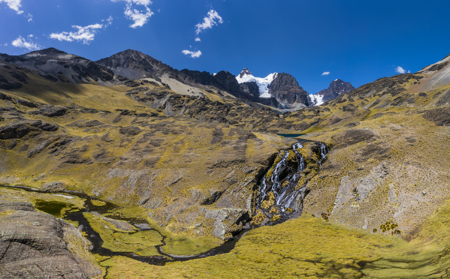 Panoramic aerial view of Condoriri Peak and lake in Cordillera Real, Andes, Bolivia