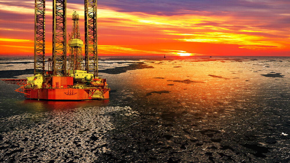 Oil drilling rig at sea in winter