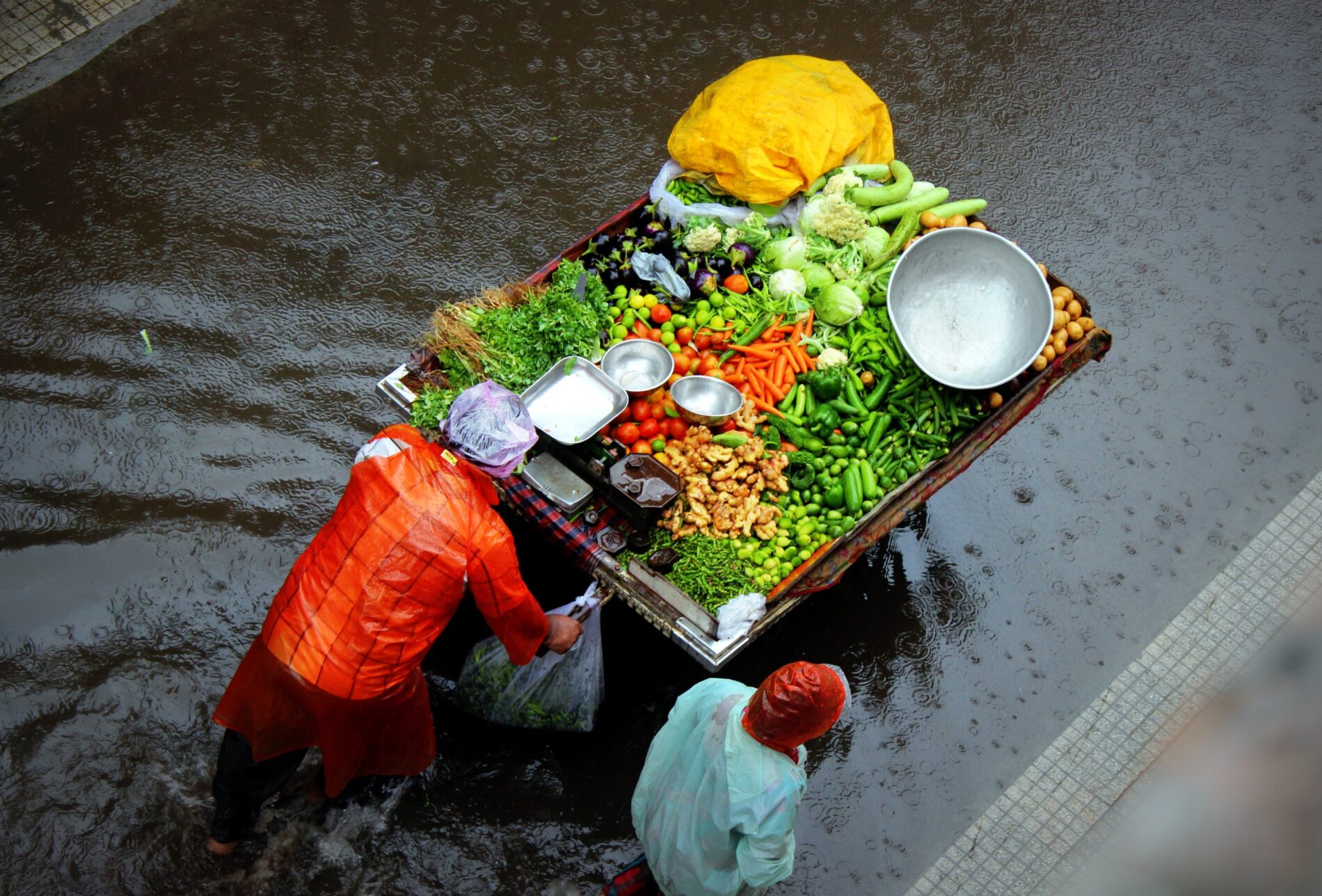 Brightly coloured vegetables on cart with different-sized metal bowls pushed by two sellers in rain gear in heavy rain on flooded path, India