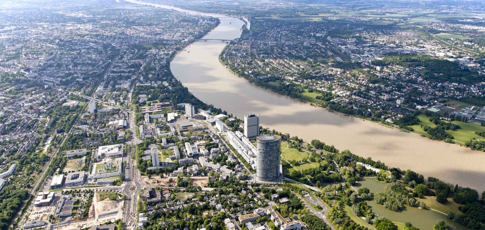Aerial view of Bonn with Post Tower on Rhine River