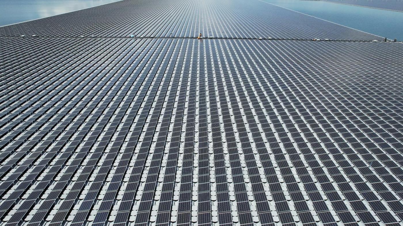 Aerial view of world's largest hydro-floating solar hybrid project, Sirindhorn Dam, Ubon Ratchanthani Province, Thailand
