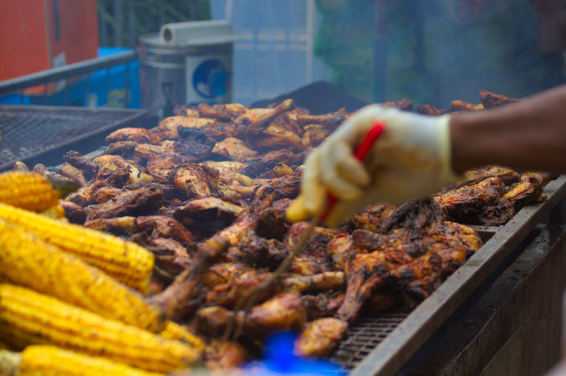 Jerk chicken and corn on the cob on grill made by Jamaican wearing latex glove using barbeque fork, Holland Park, London, England, 2015