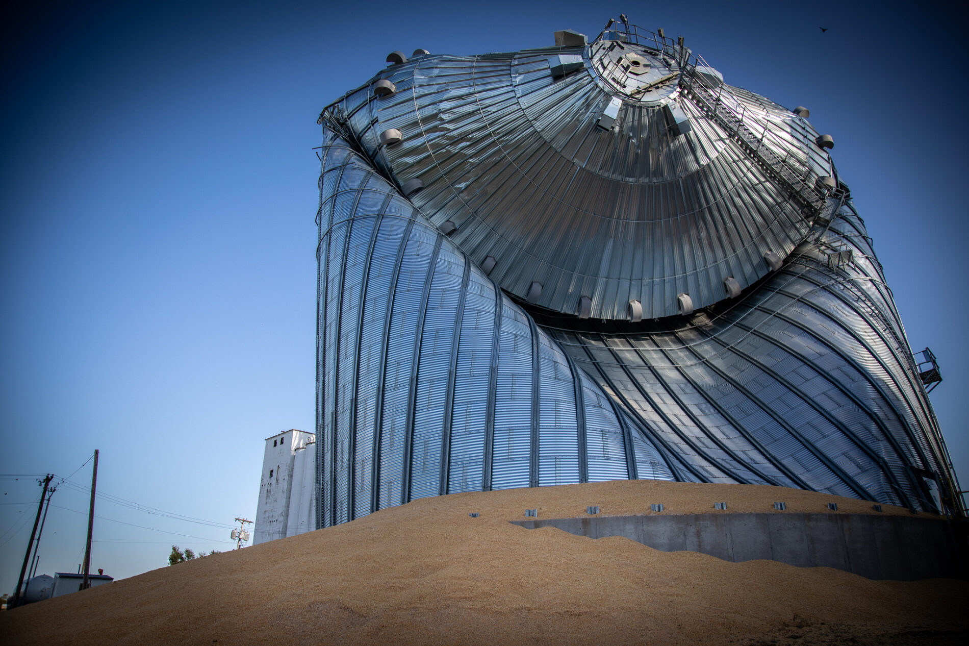 Derecho damage to new grain bin at River Valley Cooperative, Martelle, Greenfield Township, Indiana, 2020
