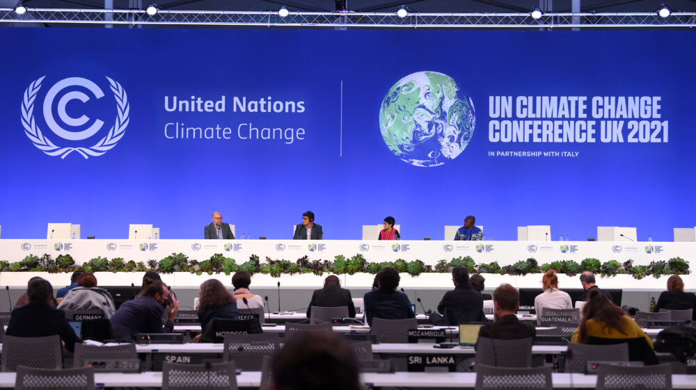 Carlos Manuel Rodriguez, Magin Herrera Lopez, Mina Setra and Joseph Itongwa Mukumo speak at the Nature in Delivery of Paris Goals event at COP26 on 6 November 2021 at the SEC, Glasgow. Photograph: Karwai Tang/ UK Government / COP26 /Flickr.