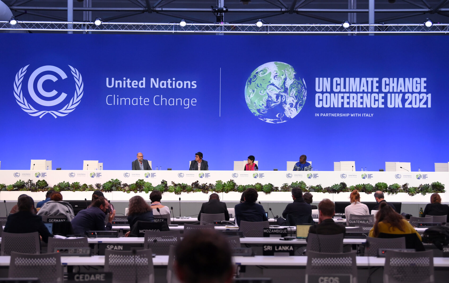 Carlos Manuel Rodriguez, Magin Herrera Lopez, Mina Setra and Joseph Itongwa Mukumo speak at the Nature in Delivery of Paris Goals event at COP26 on 6 November 2021 at the SEC, Glasgow. Photograph: Karwai Tang/ UK Government / COP26 /Flickr.