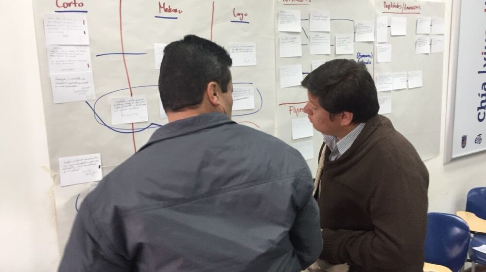 Two people at a whiteboard writing in Spanish and English