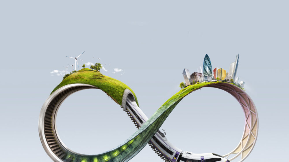 Infinite loop illustration with city, train, green roof and tunnel