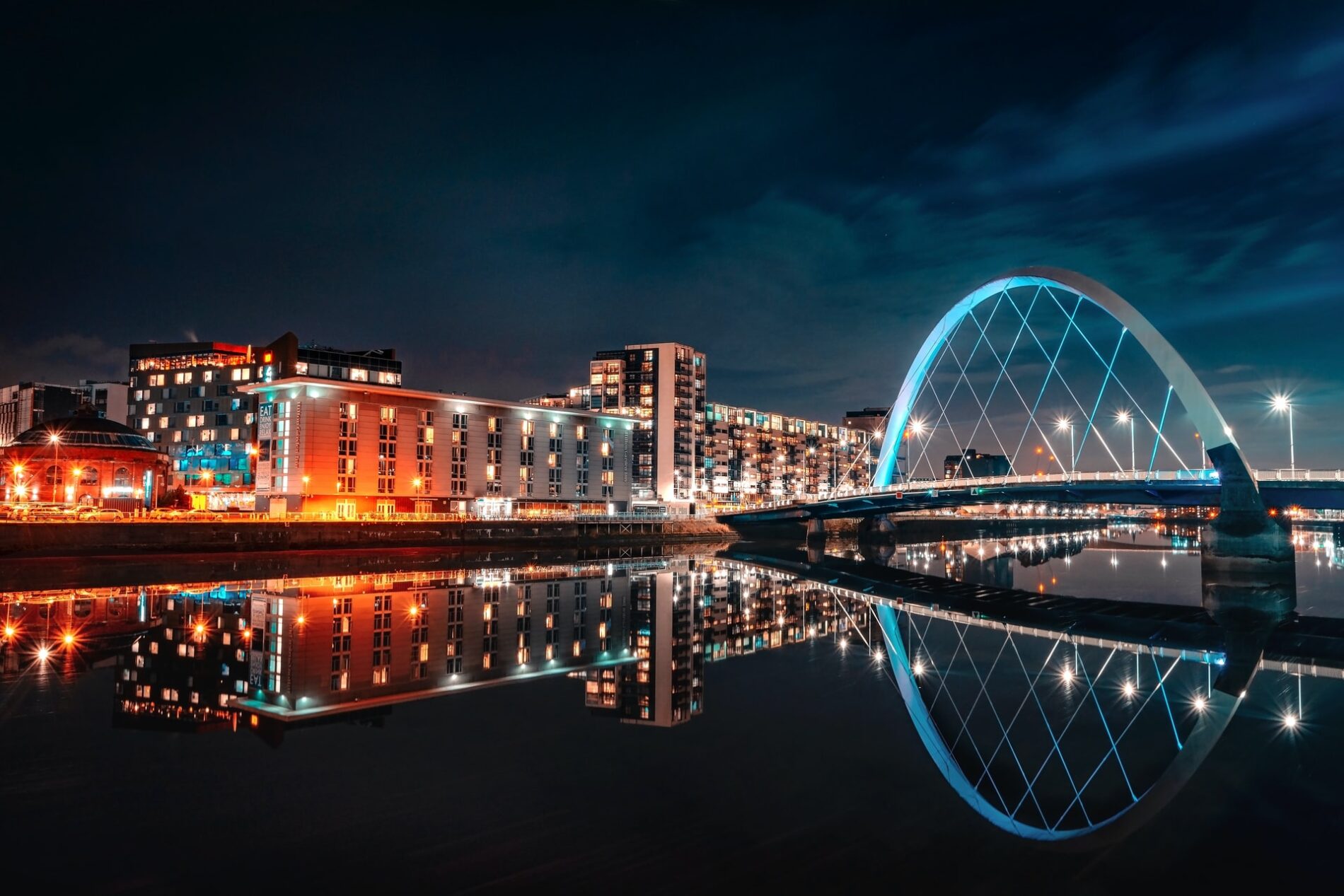 Glasgow on the River Clyde at night with lit buildings and bridge
