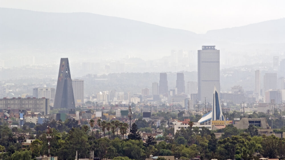 Aerial view of smog pollution in Mexico City, Mexico