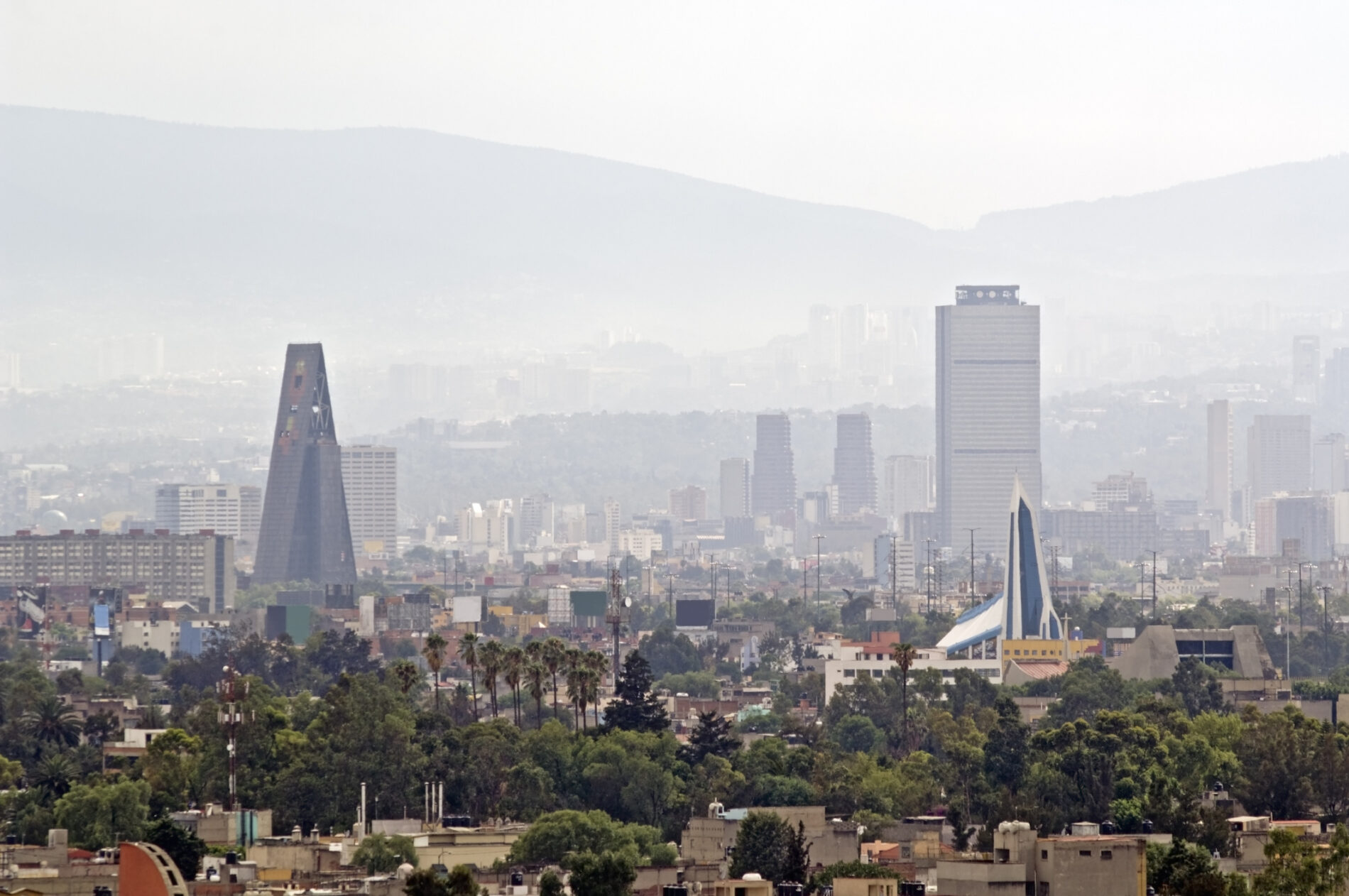 Aerial view of smog pollution in Mexico City, Mexico
