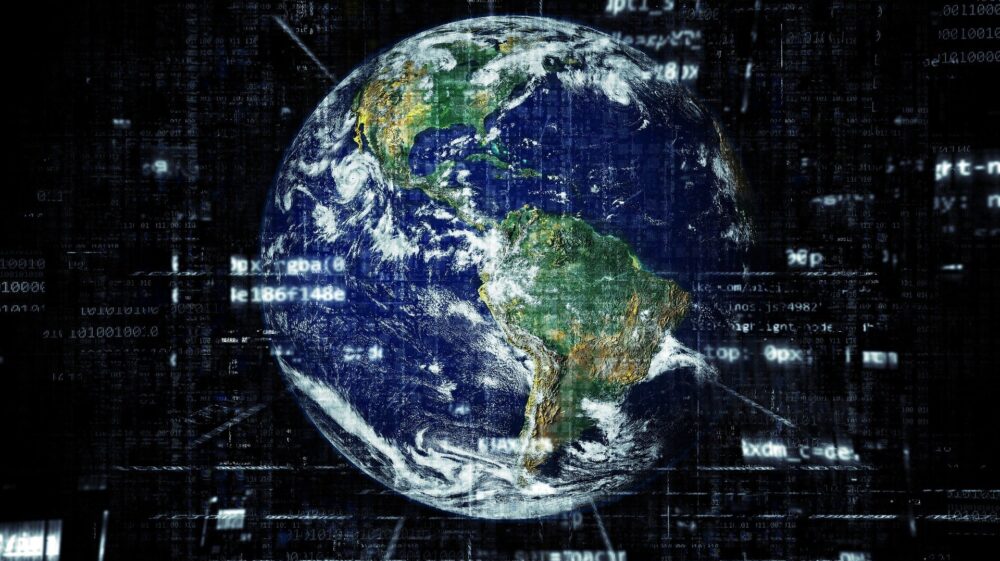 Satellite image of Earth with superimposed white code