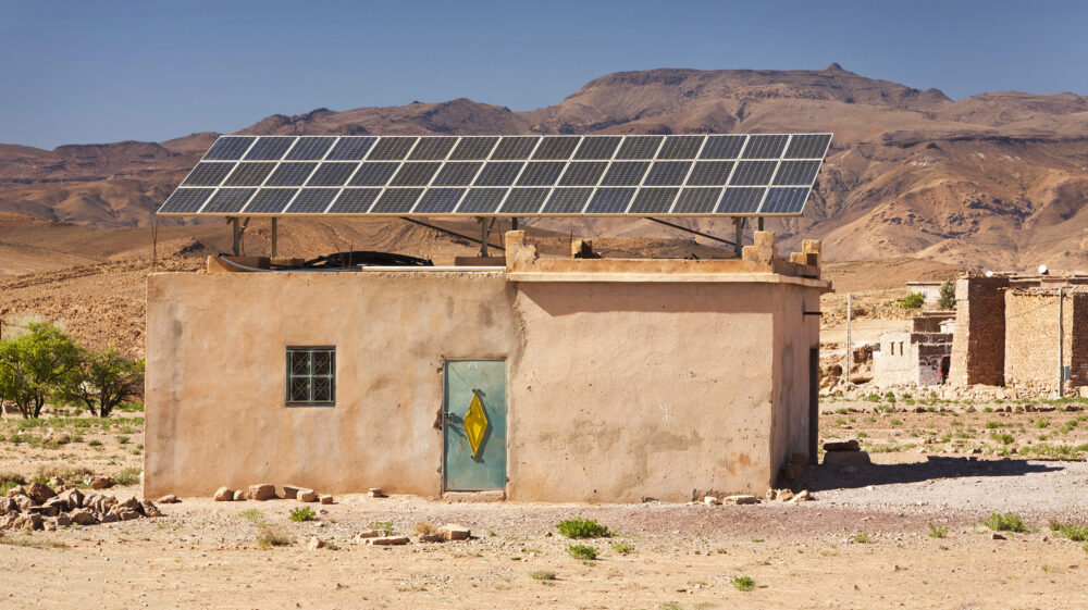 Solar panels on a house roof in a Berber village in Anti-Atlas mountains of Morocco, North Africa