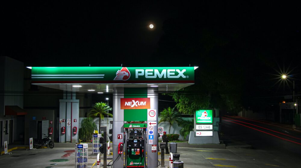 PEMEX gas station in Mexico at night, July 2020