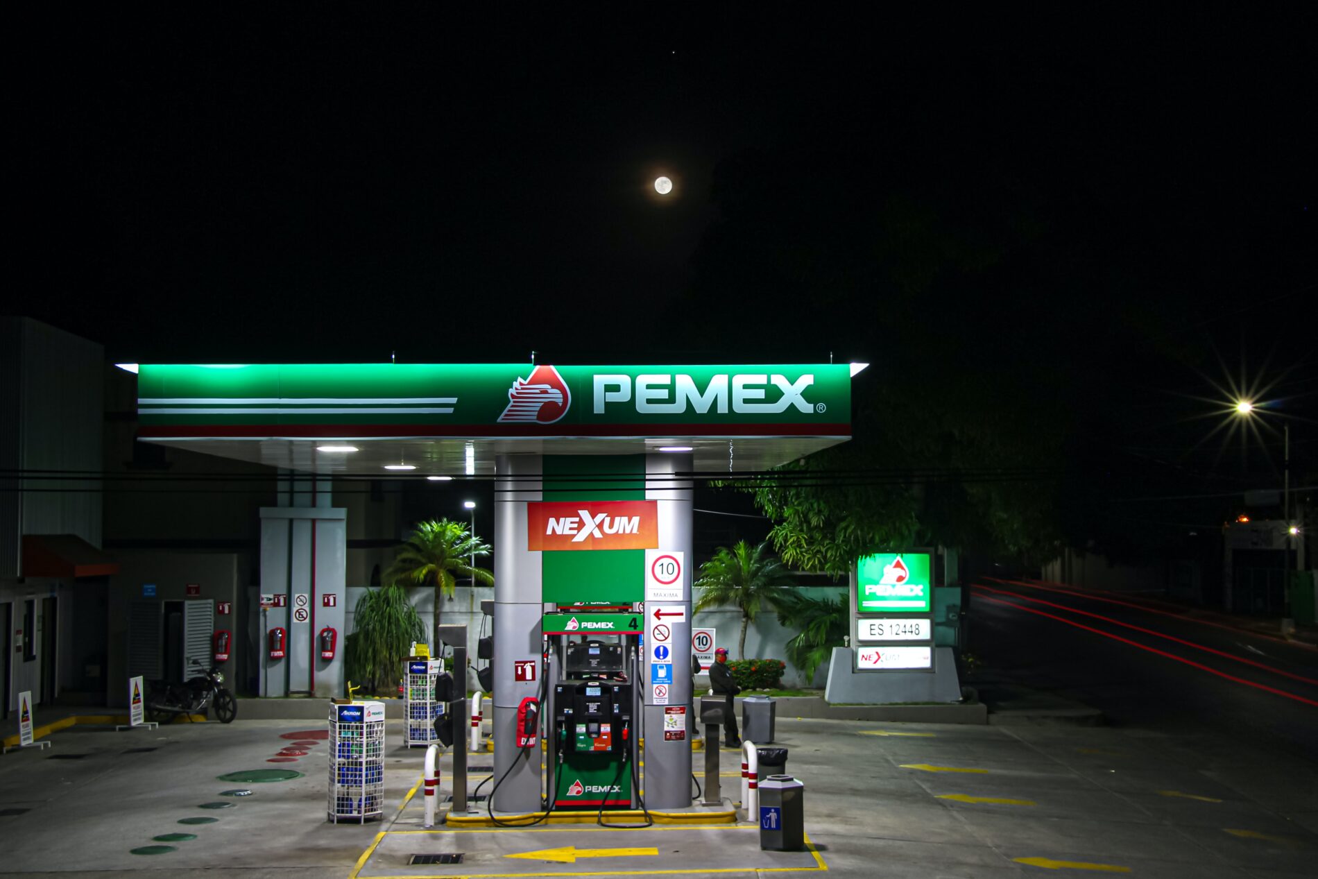 PEMEX gas station in Mexico at night, July 2020