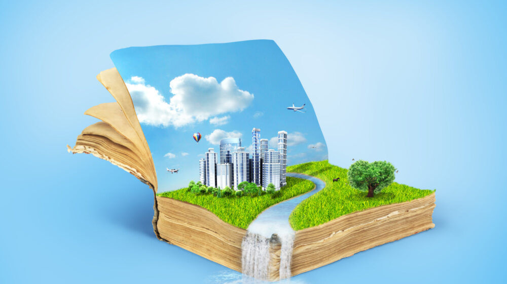 Magic book with trees and grass symbolizing an eco city
