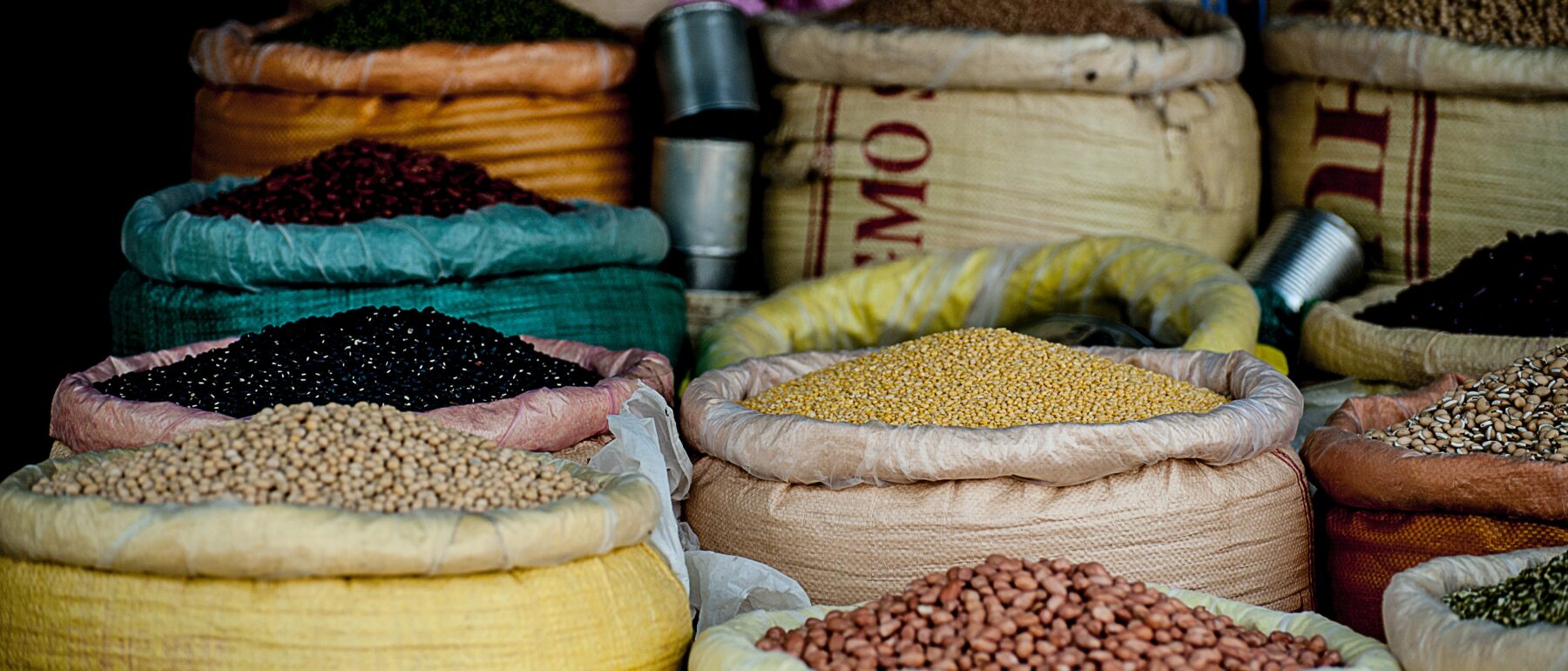 Dried beans and spices in sacks