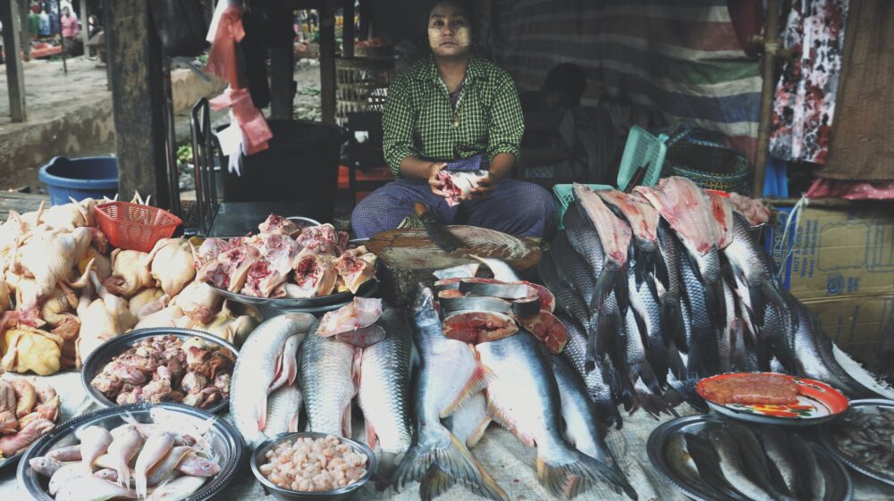 Male fish seller at market, Myanmar