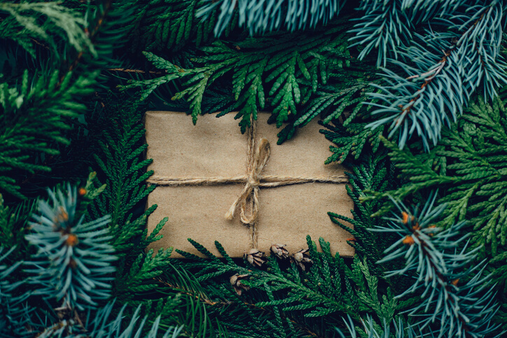 Christmas present with recyclable wrapping paper placed in a Christmas tree