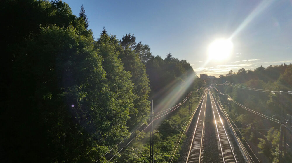 Järnvägsspår kantade av träd i ett soligt sommarlandskap