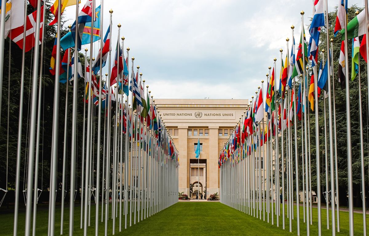 Flags of UN line grass in front of UN building, Geneva, Switzerland