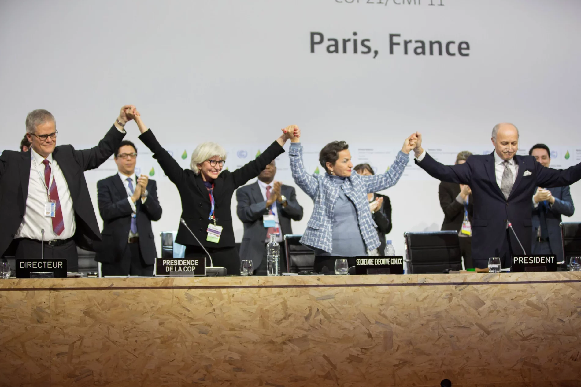Laurent Fabius, Christiana Figueres and Laurence Tubiana at the adoption of the Paris Agreement