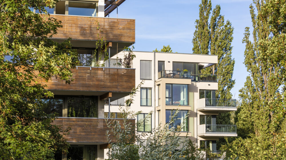 Modern energy efficient apartment buildings in Lustnau quarter, Tübingen, Baden-Württemberg, Germany