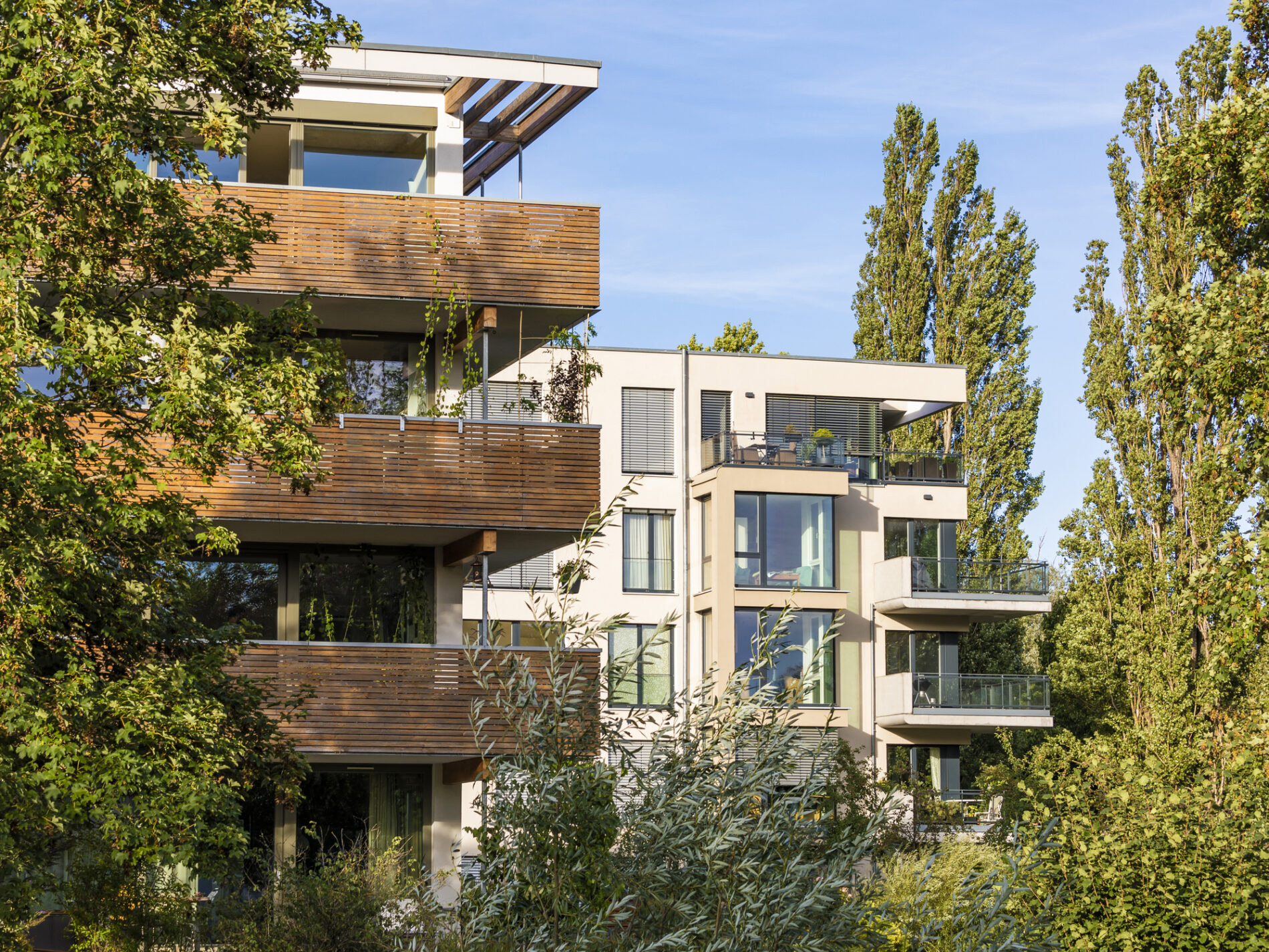 Modern energy efficient apartment buildings in Lustnau quarter, Tübingen, Baden-Württemberg, Germany
