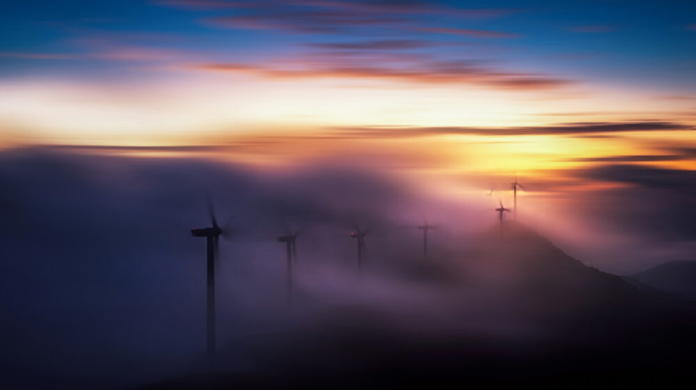 Sunrise at Queya Mountain Windmill, Heyuan City, Guangdong Province, China