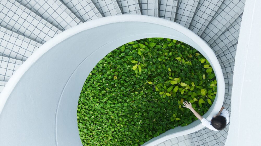 Woman walking up white spiral staircase with green grass at bottom