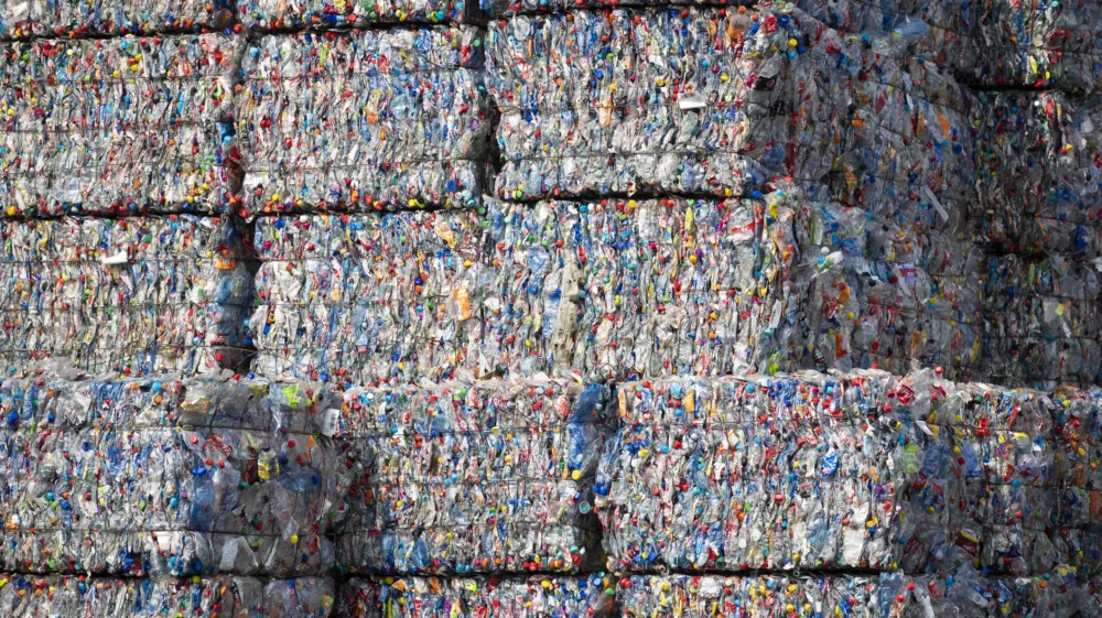 Bound bales of crushed plastic bottles and containers sit stacked.