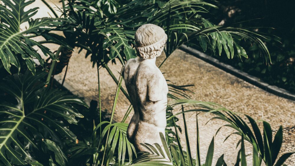 White-grey statue viewed from behind of man with lower half of arms missing between green plant branches, Museum of Fine Arts, Boston, MA, US