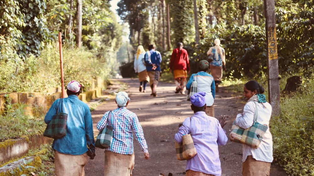 Rural residents walking on dirt path in forest with dog, India