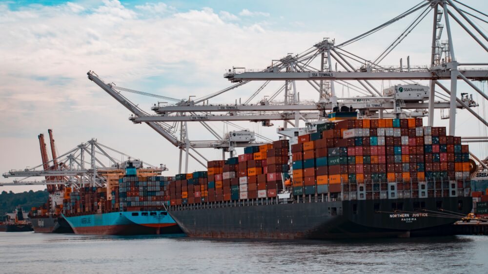 Freighters full of containers at port, Seattle, WA, US, January 2020