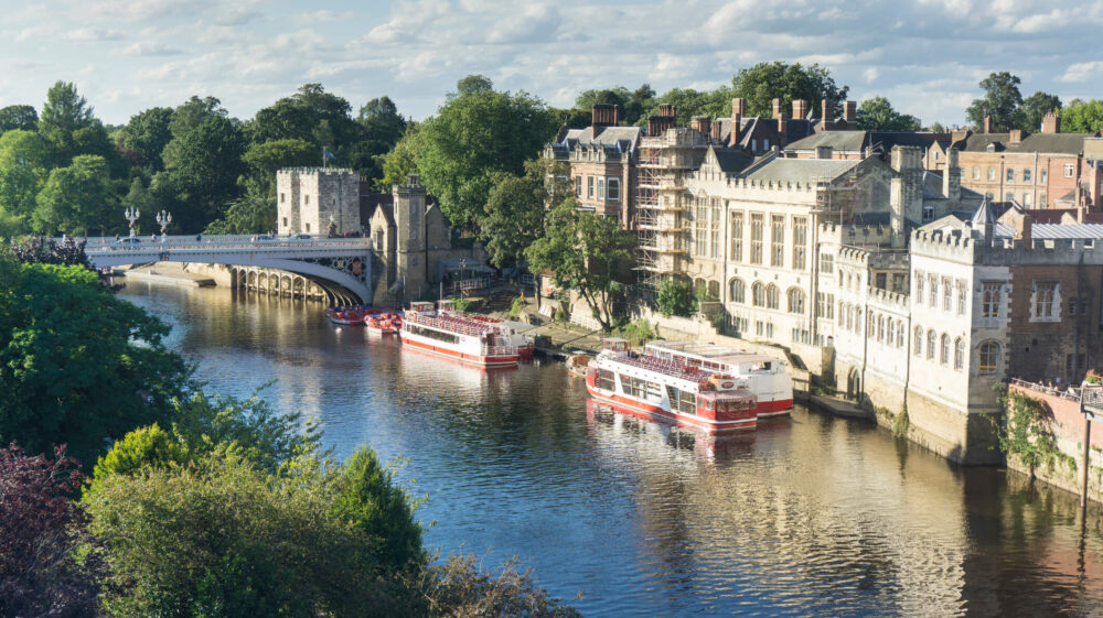 High angle view over River Ouse and Lendal Bridge in York, North Yorkshire.